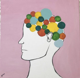 drawing of head with colored dots for hair