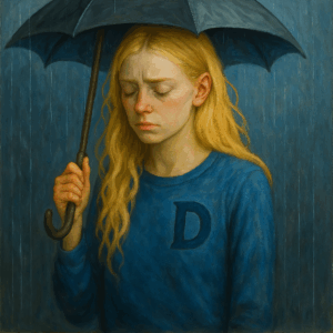 girl with umbrella and a D on her shirt