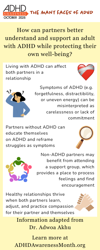 How can partners better understand and support an adult with ADHD while protecting their own well-being?  infographic